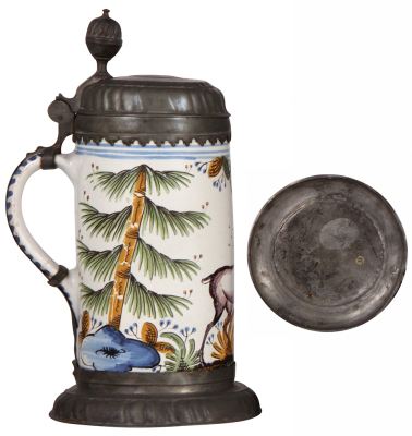 Faience stein, 11.2'' ht., late 1700s, Bayreuther Walzenkrug, pewter lid & footring, vertical handle strap, very good condition. - 3