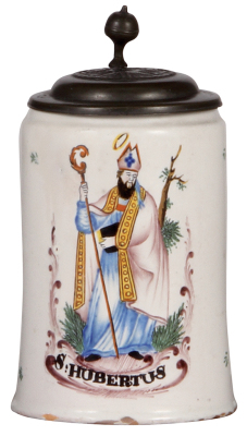 Faience stein, 7.9'' ht., c.1800, Kölner Walzenkrug [Poppelsdorfer], S. Hubertus, pewter lid, rare, excellent repair of two tight hairlines.