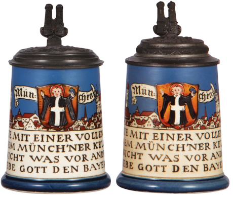 Two Mettlach steins, .5L, 2002, etched, original pewter lid: München, mint; with, .5L, 2002, etched, original pewter lid: Munich Child, mint.