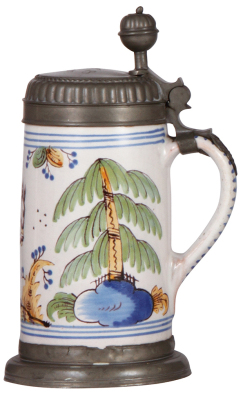 Faience stein, 9.5'' ht., late 1700s, Bayreuther Walzenkrug, pewter lid & footring, pewter touch mark, lid inscription dated 1807, very good condition. - 2