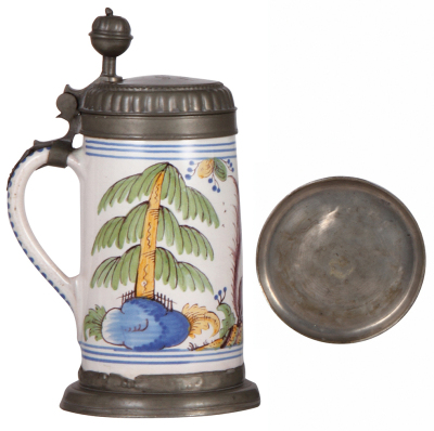 Faience stein, 9.5'' ht., late 1700s, Bayreuther Walzenkrug, pewter lid & footring, pewter touch mark, lid inscription dated 1807, very good condition. - 3