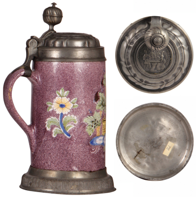 Faience stein, 11.1'' ht., late 1700s, Bayreuther Walzenkrug, pewter lid with medallion & pewter footring, 2" line on side, otherwise good condition. - 3