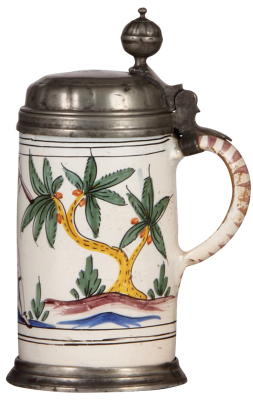 Faience stein, 10.2" ht., late 1700s, Thüringer Walzenkrug, pewter lid & footring, excellent minor pewter tear repaired, a little wear on handle & glaze flake in rear. - 2