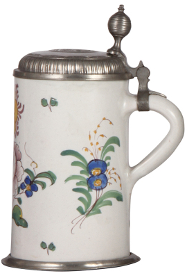 Faience stein, 9.8" ht., late 1700s, Crailsheimer Walzenkrug, pewter lid & footring, very good condition.     - 2