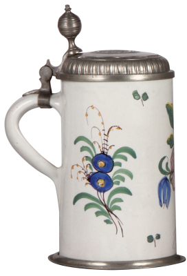 Faience stein, 9.8" ht., late 1700s, Crailsheimer Walzenkrug, pewter lid & footring, very good condition.     - 3