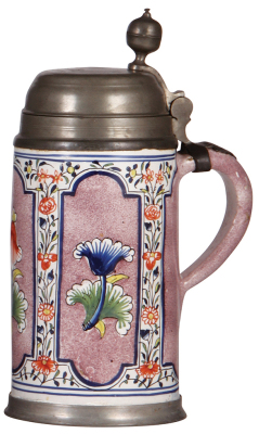 Faience stein, 10.2'' ht., late 1700s, Dorotheenthaler Walzenkrug, base mark, pewter lid with touch mark, & pewter footring, very good condition. - 2