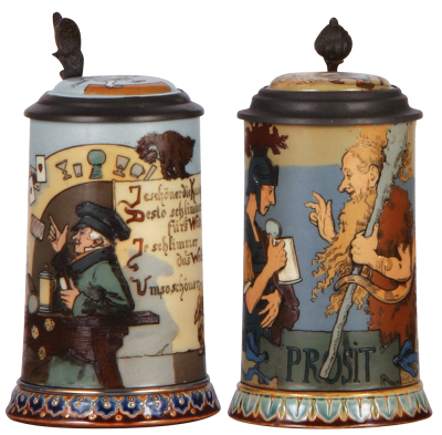 Two Mettlach steins, .3L, 2090, etched, inlaid lid, by H. Schlitt, mint; with, .3L, 2100, etched, inlaid lid, by H. Schlitt, tiny factory firing line on handle, mint.