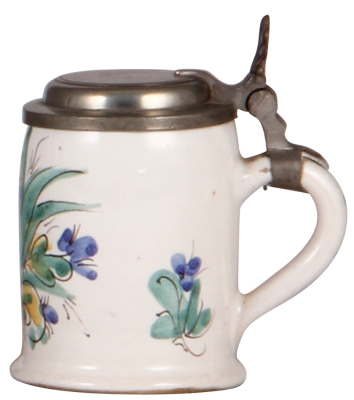 Faience stein, 4.5" ht. mid 1700s, Flörsheimer Walzenkrug, floral decoration, marked A, pewter lid, rare size & factory, excellent condition. - 2