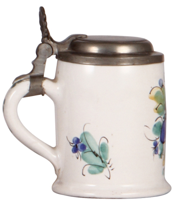 Faience stein, 4.5" ht. mid 1700s, Flörsheimer Walzenkrug, floral decoration, marked A, pewter lid, rare size & factory, excellent condition. - 3