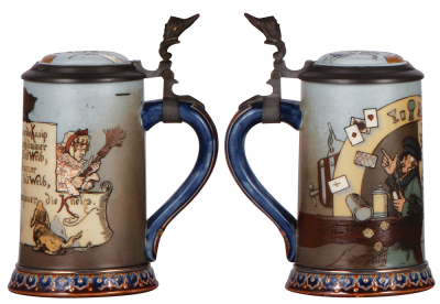 Two Mettlach steins, .3L, 2090, etched, inlaid lid, by H. Schlitt, mint; with, .3L, 2100, etched, inlaid lid, by H. Schlitt, tiny factory firing line on handle, mint. - 2