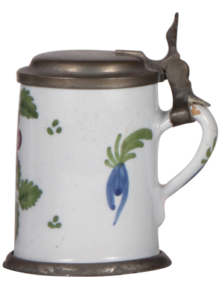 Faience stein, 5.6'' ht., c.1800, Schrezheimer Walzenkrug, pewter lid & footring, flakes on handle, good condition. - 2