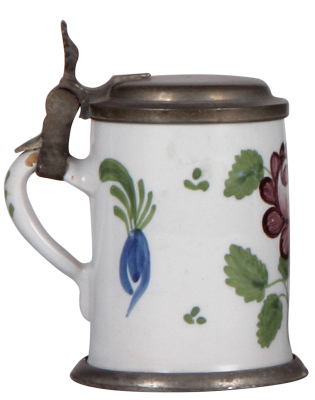 Faience stein, 5.6'' ht., c.1800, Schrezheimer Walzenkrug, pewter lid & footring, flakes on handle, good condition. - 3