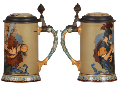 Two Mettlach steins, .3L, 2090, etched, inlaid lid, by H. Schlitt, mint; with, .3L, 2100, etched, inlaid lid, by H. Schlitt, tiny factory firing line on handle, mint. - 3