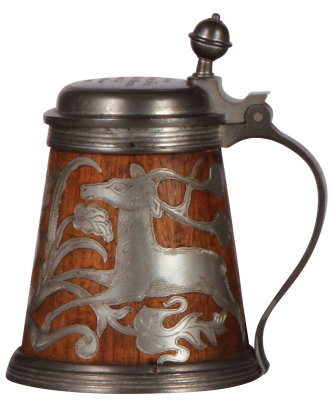 Daubenkrug, 7.2'' ht., wood & pewter, early 1900s, pewter lid, handle, base and overlay [inset], two deer, lid dated 1910, touchmarks inside lid, good condition.            