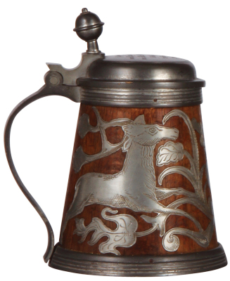 Daubenkrug, 7.2'' ht., wood & pewter, early 1900s, pewter lid, handle, base and overlay [inset], two deer, lid dated 1910, touchmarks inside lid, good condition.             - 2