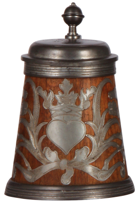 Daubenkrug, 7.2'' ht., wood & pewter, early 1900s, pewter lid, handle, base and overlay [inset], two deer, lid dated 1910, touchmarks inside lid, good condition.             - 3