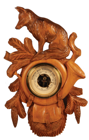 Black Forest fox barometer wood carving,14.5" ht. x  9.0" w., carved in Germany, mid to late 1900s, designed to hang on wall, linden wood, very good condition.