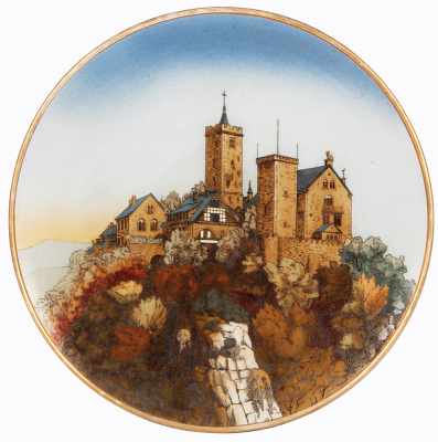 Mettlach plaque, 17.2'' d., 2361A, etched, Wartburg, even gold rim wear.