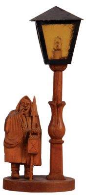 Black Forest table lamp wood carving, 13.0'' ht., Night Watchman, carved in Germany, mid. to late 1900s, linden wood, professionally rewired & working properly, very good condition.