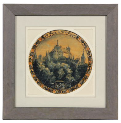 Original Villeroy & Boch Mettlach artwork by Theodor Eyrich 1893, faience, watercolor, frame 14.5" x 14.5" matted behind glass, Die Burg in Nürnberg, includes article from Mettlacher Turm with artwork included, rare, excellent condition.