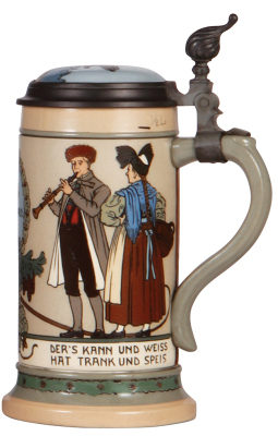 Mettlach stein, .5L, 3144, etched, by F. Quidenus, inlaid lid, mint. - 2