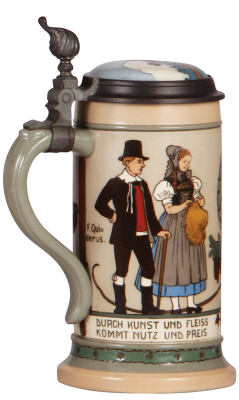 Mettlach stein, .5L, 3144, etched, by F. Quidenus, inlaid lid, mint. - 3