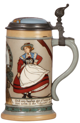 Mettlach stein, .5L, 3142, etched, by F. Quidenus, inlaid lid, mint. - 2