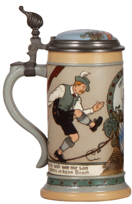 Mettlach stein, .5L, 3142, etched, by F. Quidenus, inlaid lid, mint. - 3