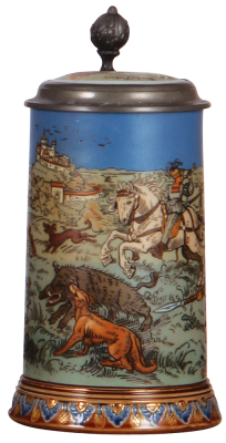 Mettlach stein, .5L, 2083, etched, Boar Hunt, inlaid lid, mint.