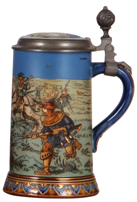 Mettlach stein, .5L, 2083, etched, Boar Hunt, inlaid lid, mint. - 2