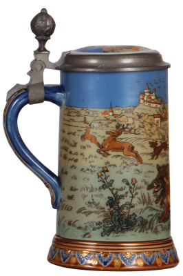 Mettlach stein, .5L, 2083, etched, Boar Hunt, inlaid lid, mint. - 3