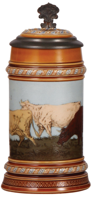 Mettlach stein, .5L, 1472, etched, cows walking left, inlaid lid, rare, mint.