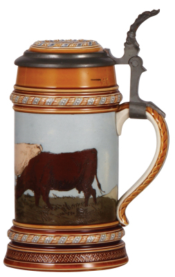 Mettlach stein, .5L, 1472, etched, cows walking left, inlaid lid, rare, mint. - 2