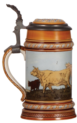 Mettlach stein, .5L, 1472, etched, cows walking left, inlaid lid, rare, mint. - 3