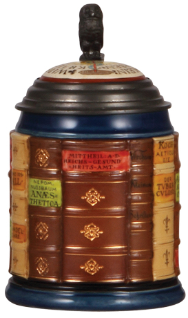 Mettlach stein, .5L, 2001B, glazed relief, Book stein for Medicine, inlaid lid, mint.