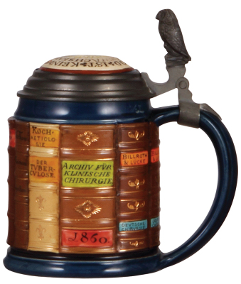 Mettlach stein, .5L, 2001B, glazed relief, Book stein for Medicine, inlaid lid, mint. - 2