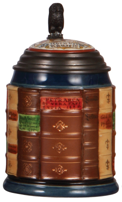 Mettlach stein, .5L, 2001C, glazed relief, Book stein for Scholars, inlaid lid, two small color glaze flakes, otherwise mint.