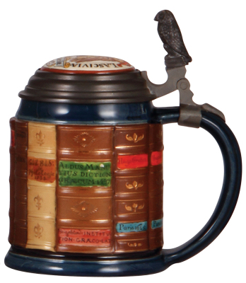 Mettlach stein, .5L, 2001C, glazed relief, Book stein for Scholars, inlaid lid, two small color glaze flakes, otherwise mint. - 2