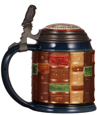 Mettlach stein, .5L, 2001C, glazed relief, Book stein for Scholars, inlaid lid, two small color glaze flakes, otherwise mint. - 3