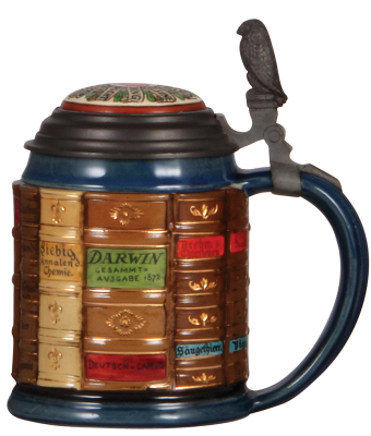 Mettlach stein, .5L, 2001E, glazed relief, Book stein for Natural Science, inlaid lid, mint. - 2