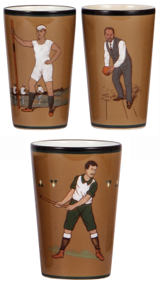 Three Villeroy & Boch Dresden beakers, .25L & .5L, Oarsman, Bowler, Hockey player, PUG & hand-painted, all mint.