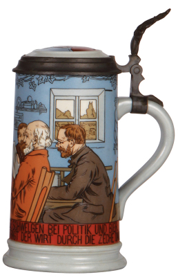 Mettlach stein, 1.0L, 2886, etched, inlaid lid, mint. - 2