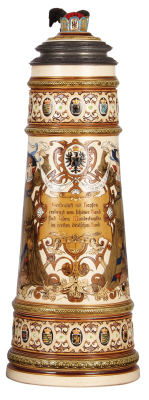 Mettlach stein, 7.0L, 21.5", 1161, etched, inlaid lid with crown finial, very good repair of chips on crown and one chip on upper rim.