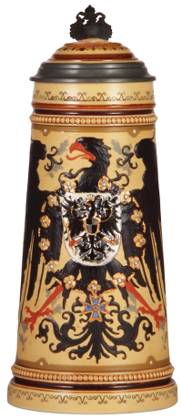 Mettlach stein, 1.0L, 2204, decorated relief, Prussian Eagle, inlaid lid, mint.