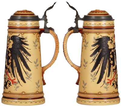 Mettlach stein, 1.0L, 2204, decorated relief, Prussian Eagle, inlaid lid, mint. - 2