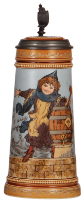 Mettlach stein, 1.0L, 2767, etched, Munich Child, inlaid lid, mint.