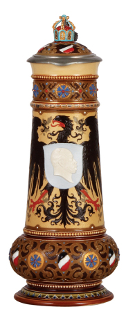 Mettlach stein, 3.0L, 16.2" ht., 1950, etched & decorated relief, Prussian Eagle & Wilhelm I, inlaid lid with crown finial, very rare, mint.