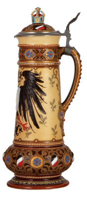 Mettlach stein, 3.0L, 16.2" ht., 1950, etched & decorated relief, Prussian Eagle & Wilhelm I, inlaid lid with crown finial, very rare, mint. - 2