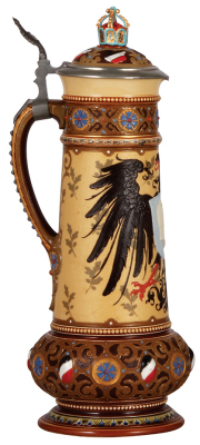 Mettlach stein, 3.0L, 16.2" ht., 1950, etched & decorated relief, Prussian Eagle & Wilhelm I, inlaid lid with crown finial, very rare, mint. - 3