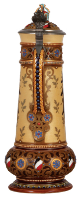 Mettlach stein, 3.0L, 16.2" ht., 1950, etched & decorated relief, Prussian Eagle & Wilhelm I, inlaid lid with crown finial, very rare, mint. - 4